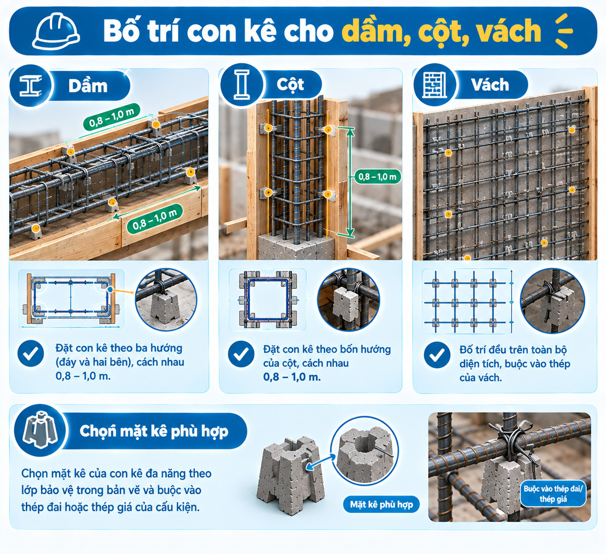 Bố trí con kê cho dầm, cột, vách