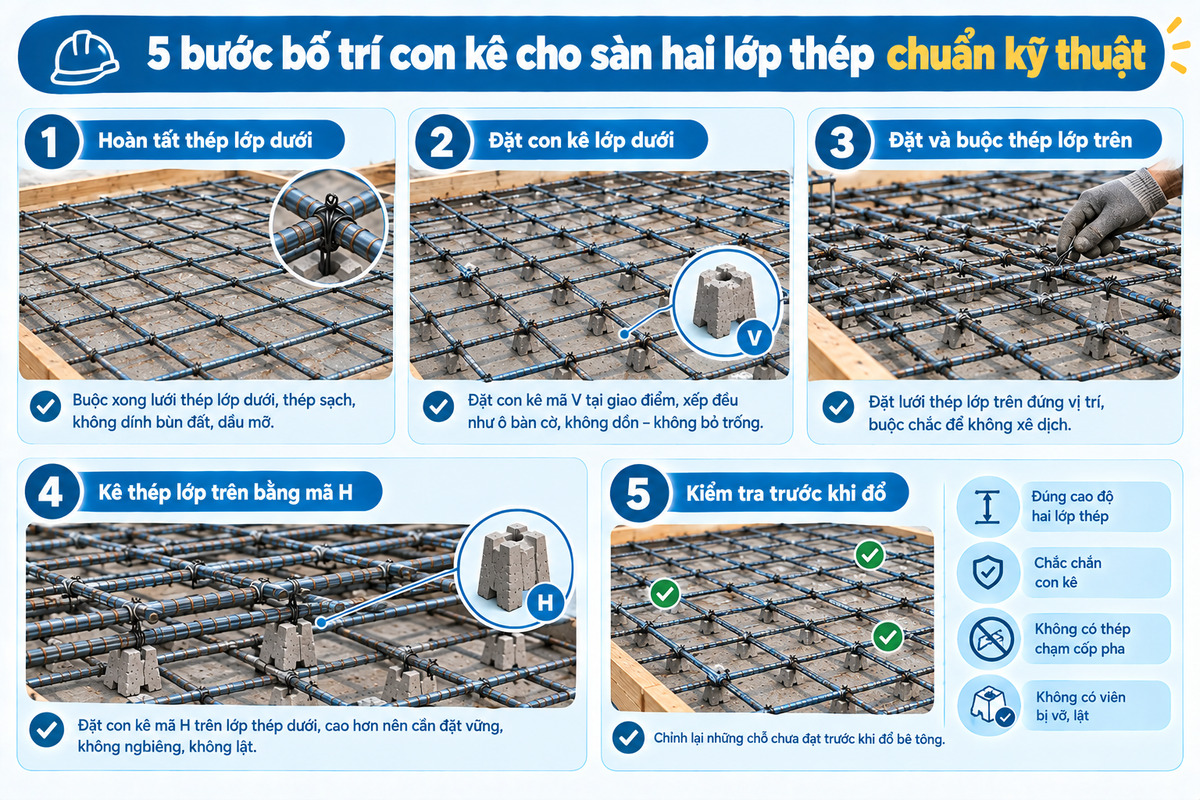 5 bước bố trí con kê cho sàn hai lớp thép chuẩn kỹ thuật