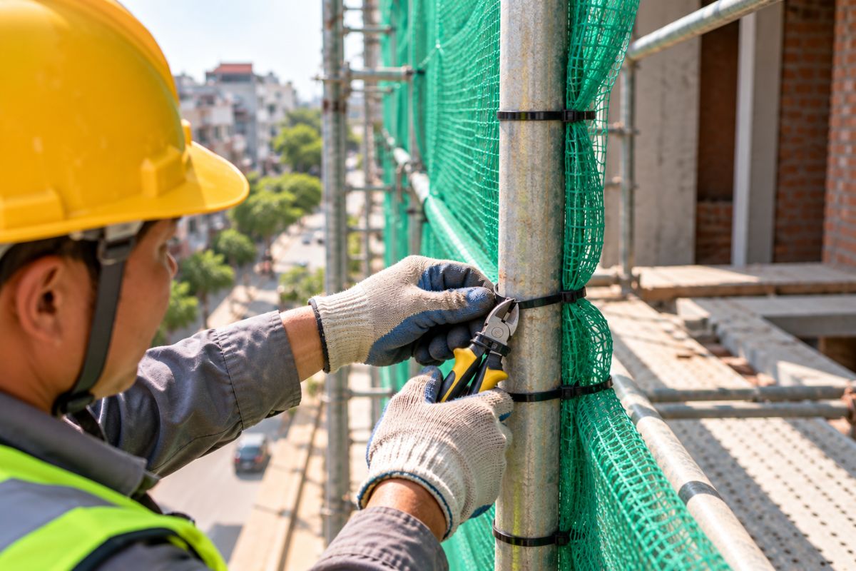 Cận cảnh điểm buộc dây giữ lưới bao che vào ống giàn giáo