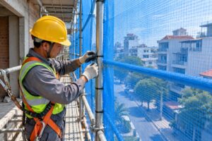Thợ buộc lưới bao che vào giàn giáo mặt tiền nhà phố có dây an toàn