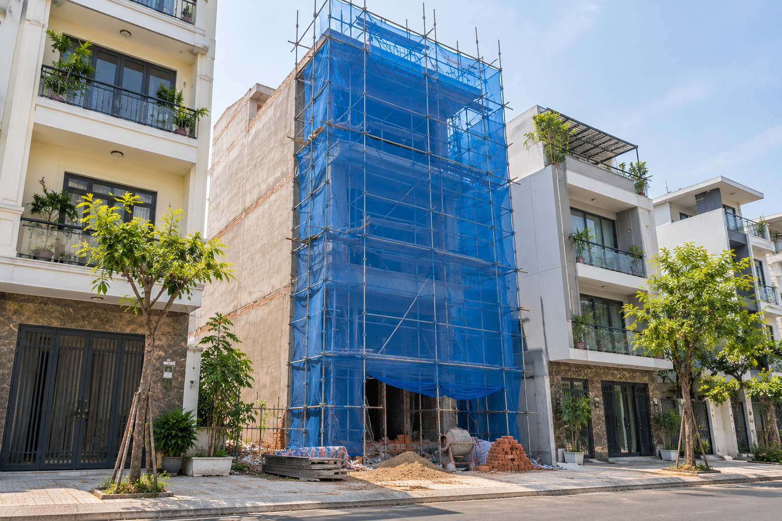 Nhà phố liền kề che lưới bao che mặt tiền, hai bên là nhà đã xây