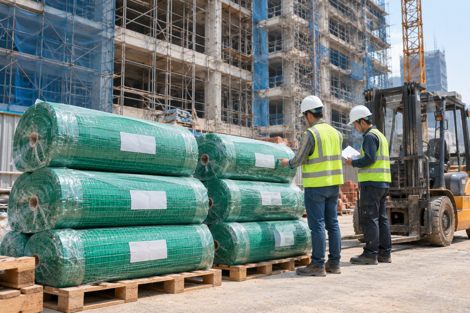 Các cuộn lưới bao che xếp trên pallet tại chân công trình cao tầng