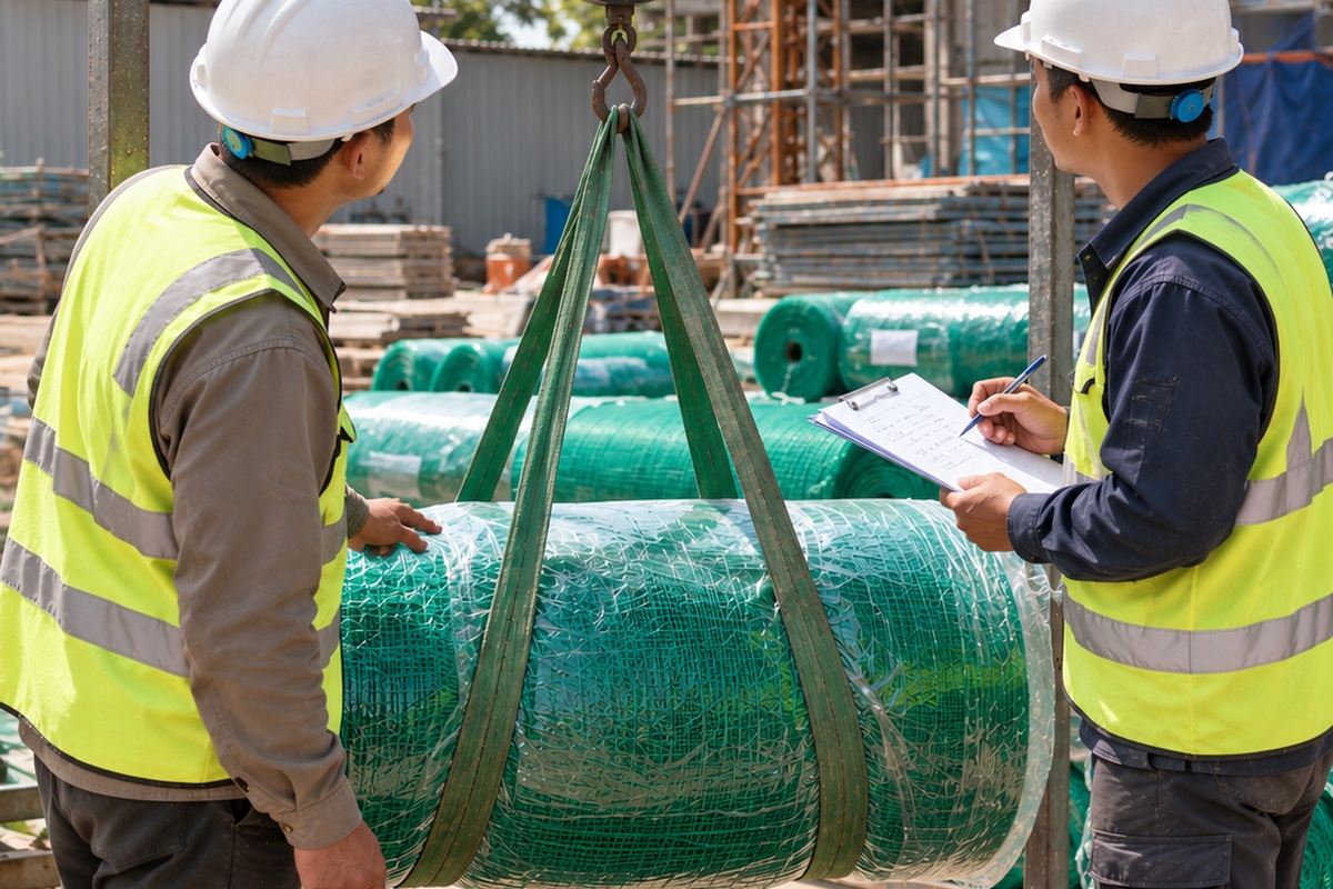 Cân treo đo khối lượng cuộn lưới bao che khi nhận hàng tại công trường