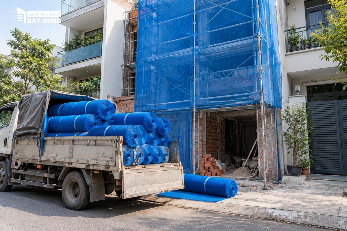 Xe tải chở cuộn lưới bao che đỗ trước công trình nhà phố đang xây