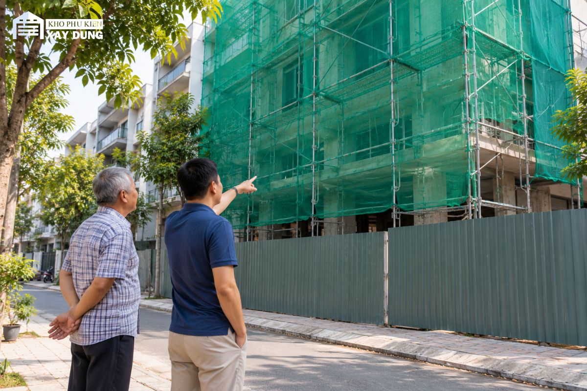 Hai người dân trao đổi trên vỉa hè trước công trình nhà phố phủ lưới