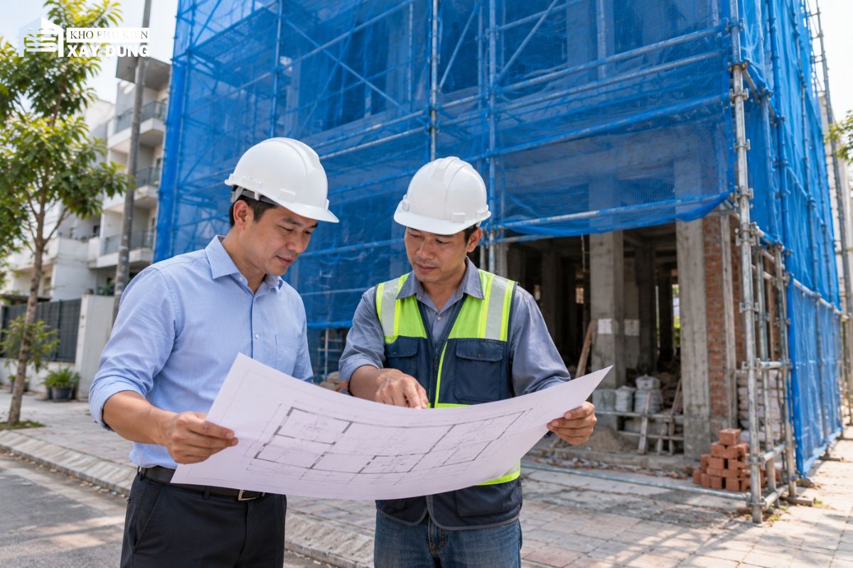 Chủ nhà và nhà thầu xem bản vẽ trước công trình nhà phố phủ lưới