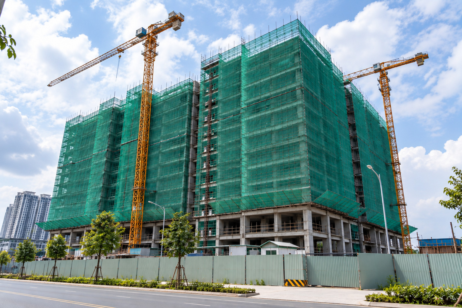 Tòa nhà cao tầng bọc lưới bao che xanh lá cạnh cần trục tháp