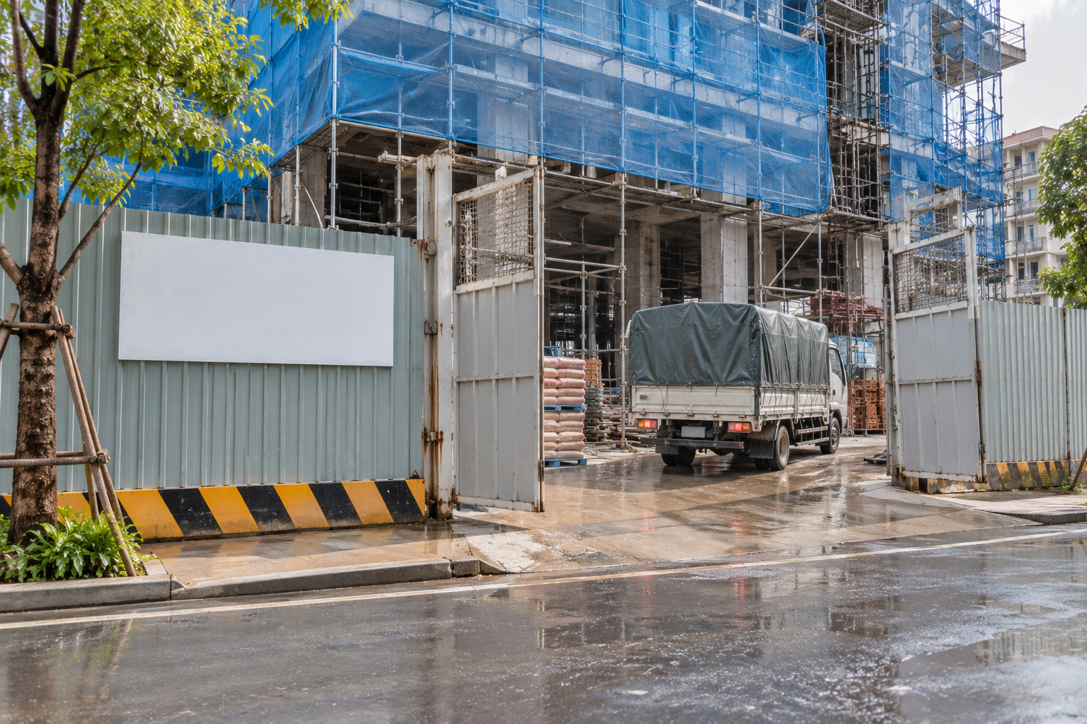 Cổng ra vào công trường có biển báo trống và lối xe sạch