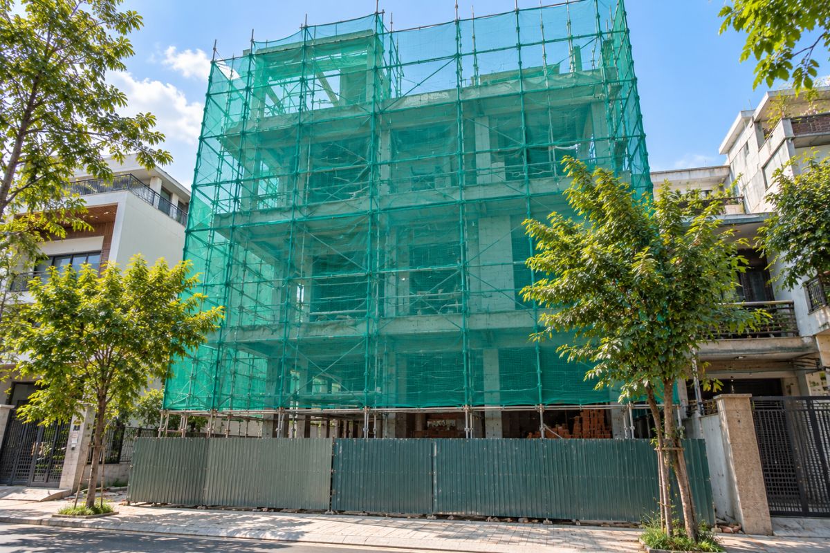 Giàn giáo mặt tiền nhà phố bọc lưới bao che phẳng cho gió thoát qua