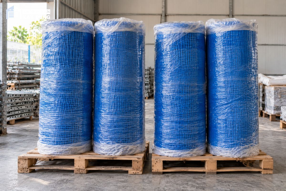 Các cuộn lưới bao che xanh dương dựng đứng trên pallet gỗ trong kho