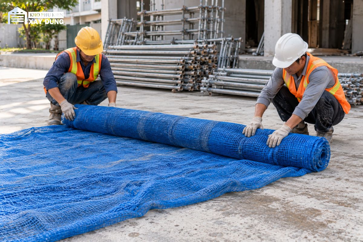 Hai công nhân đội mũ bảo hộ cuộn tấm lưới bao che xanh dương trên nền sân